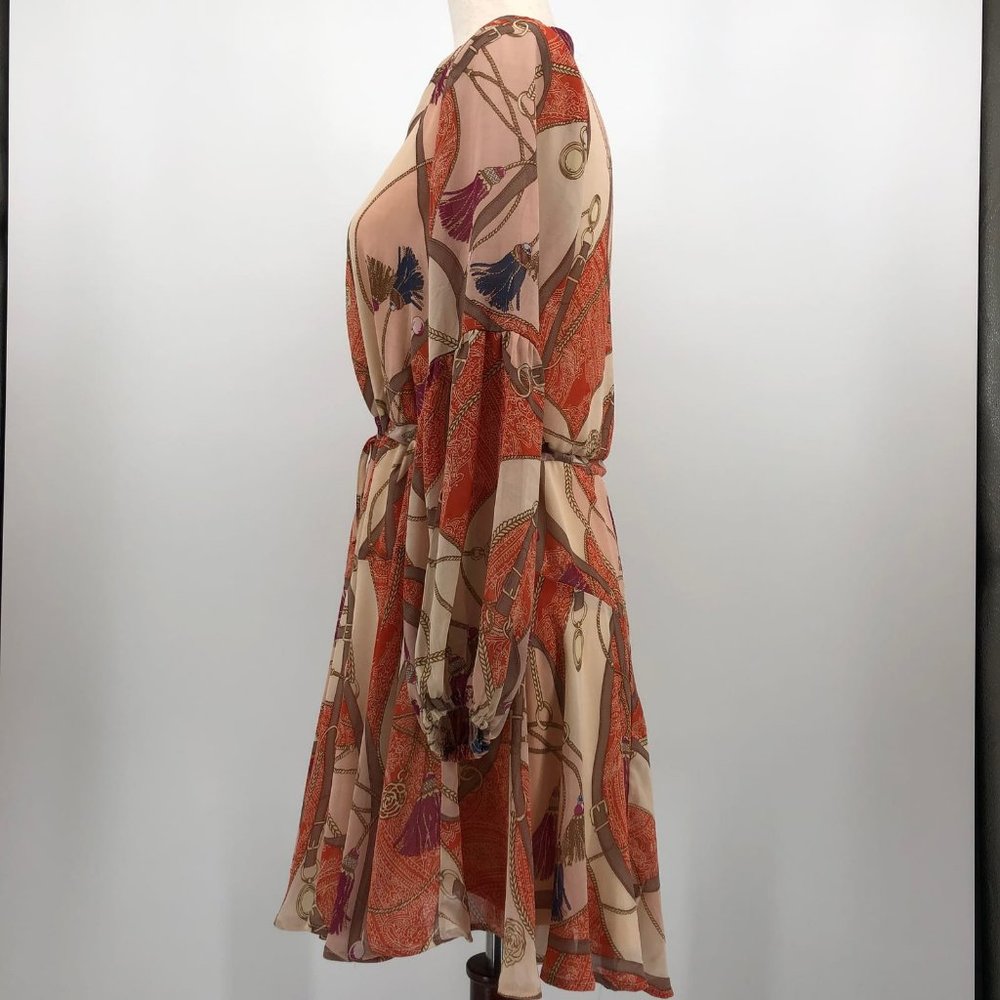 Entro Orange & Cream Floral A-Line Dress | V-Neck and Bell Sleeves - Picture 2 of 7